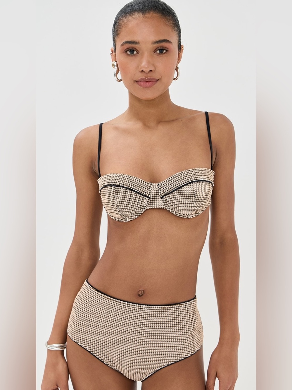 STAUD Beige Houndstooth Bandeau Bikini Top with Black Trim